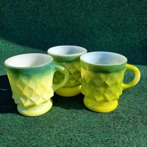 Fire King Anchor Hocking Kimberly Green/Yellow D Handle Coffee Cups 3 Set VTG